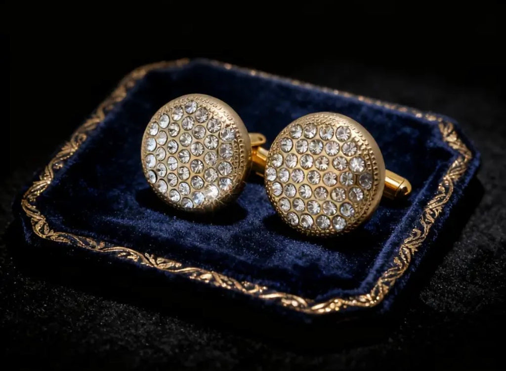 Gold crystal round cufflinks
