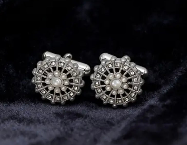 Silver crystal pearl round cufflinks