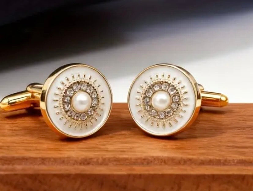 Gold crystal round pearl cufflinks