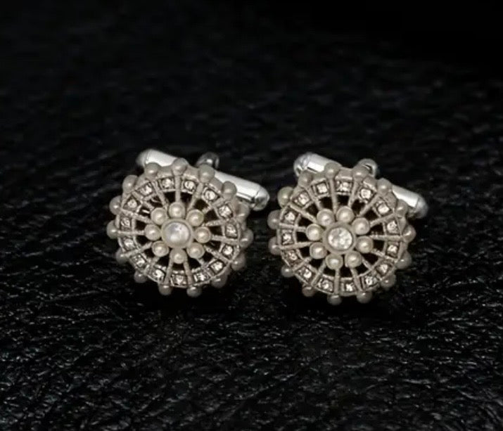 Silver crystal pearl round cufflinks