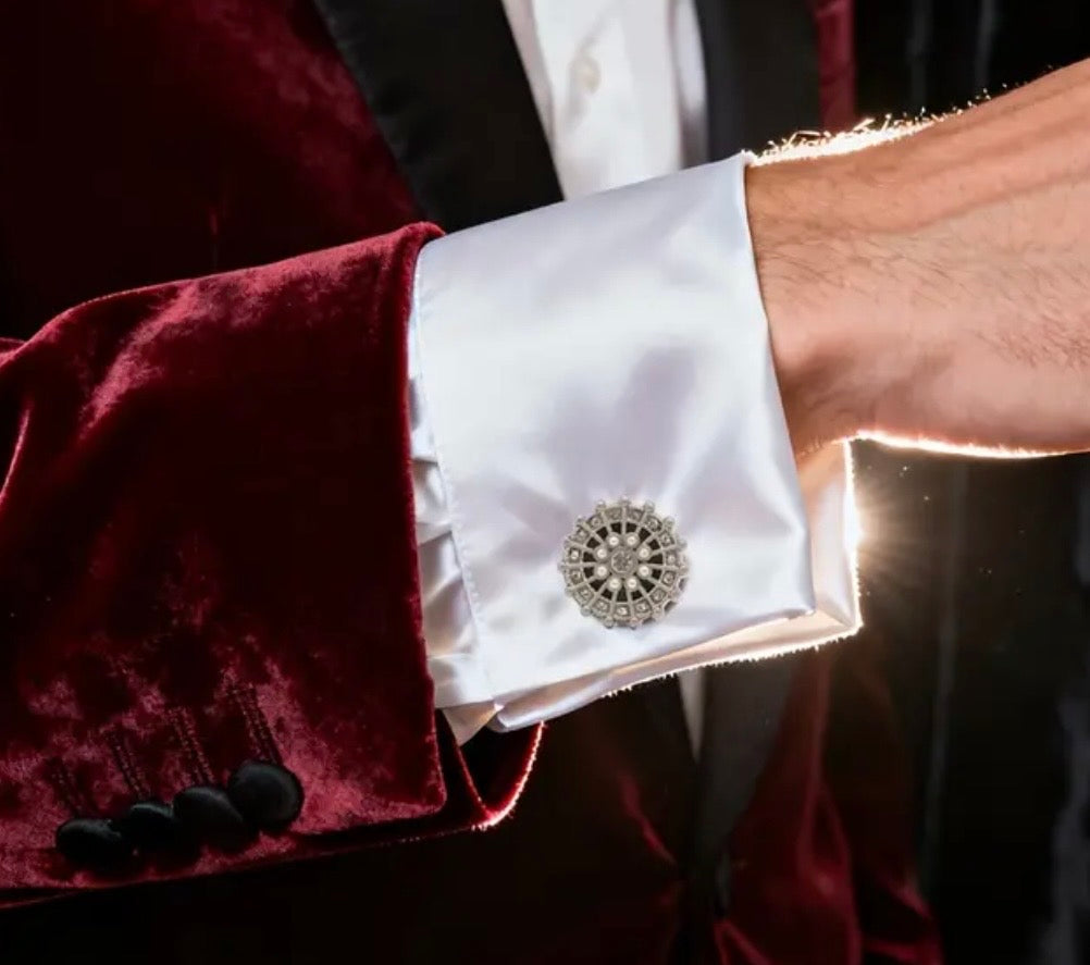 Silver crystal pearl round cufflinks