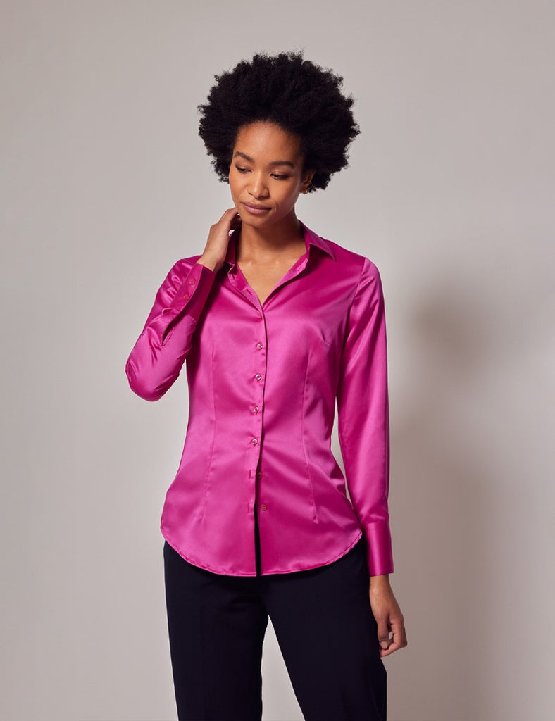 Fuschia Fitted Satin Shirt - Single Cuff