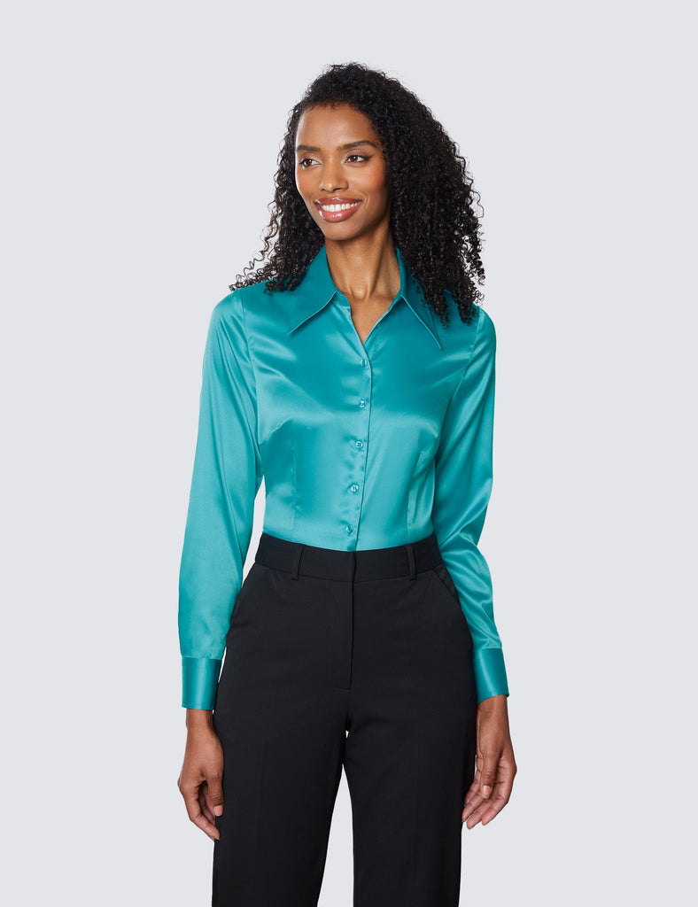 Aqua Vintage Collar Satin Shirt - Single Cuff