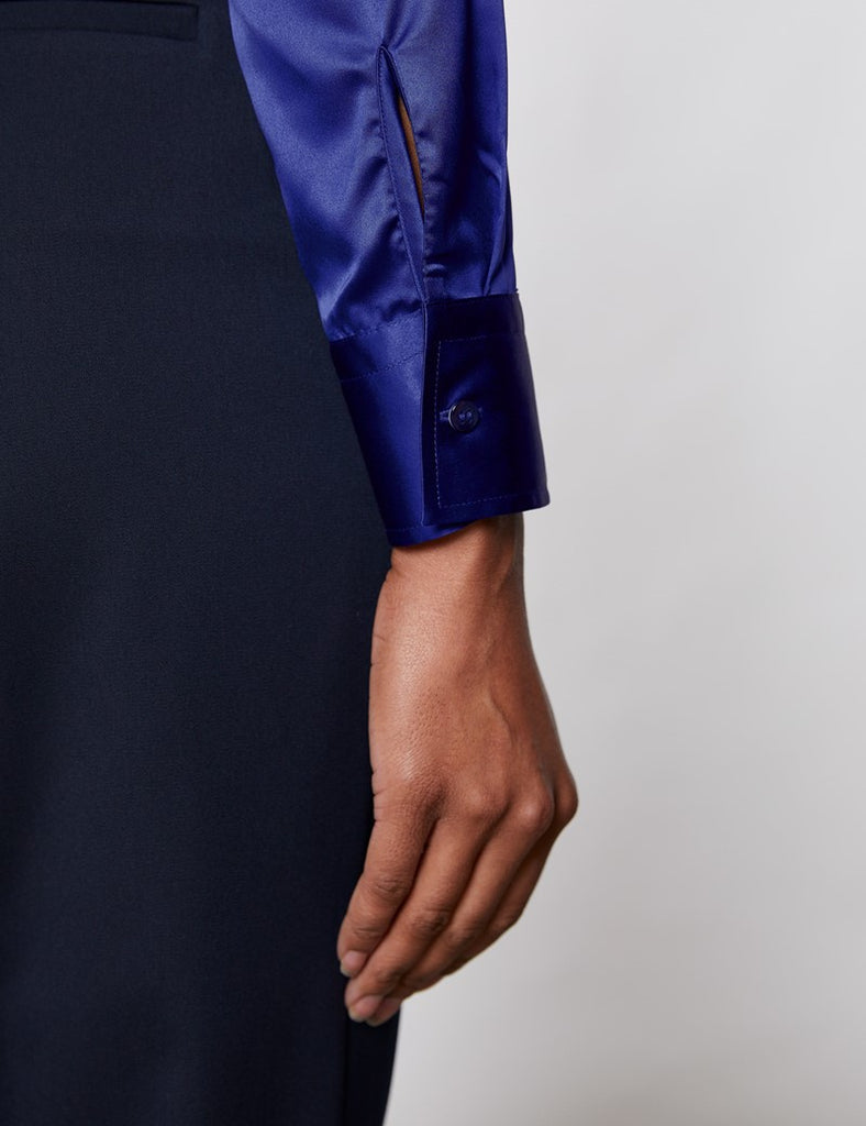 Royal Blue Vintage Collar Satin Shirt - Single Cuff