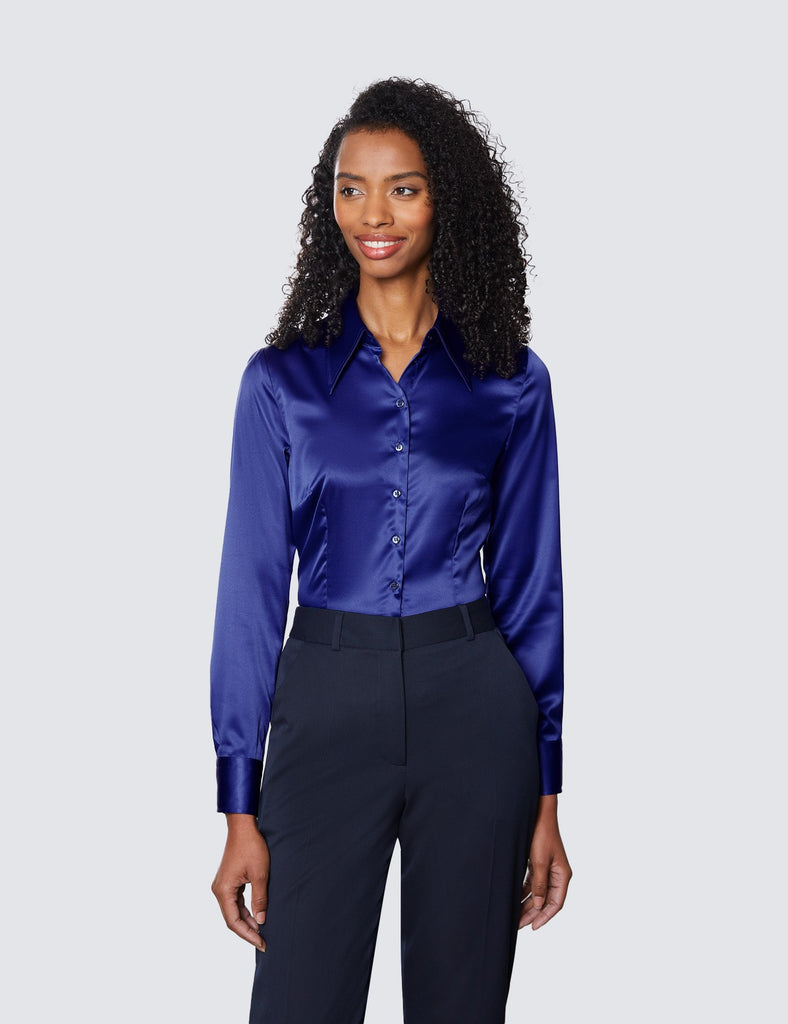 Royal Blue Vintage Collar Satin Shirt - Single Cuff