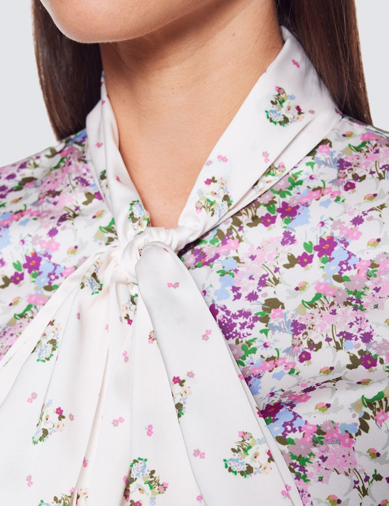 White & Purple Floral Print shirt - Single Cuff - Pussy Bow