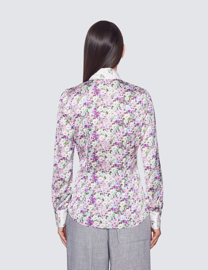 White & Purple Floral Print shirt - Single Cuff - Pussy Bow