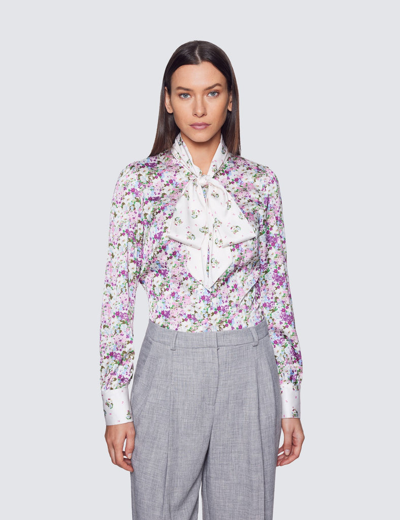 White & Purple Floral Print shirt - Single Cuff - Pussy Bow