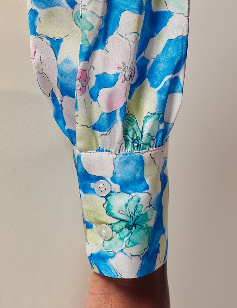 Blue & White Watercolour shirt - Single Cuff - Pussy Bow