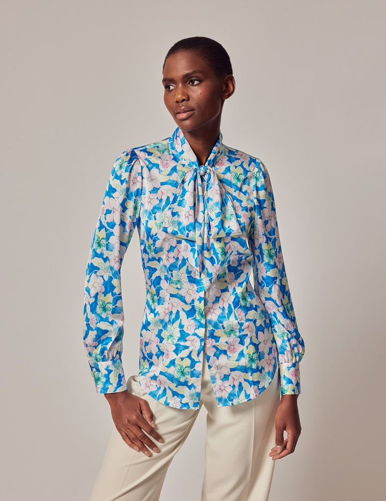 Blue & White Watercolour shirt - Single Cuff - Pussy Bow