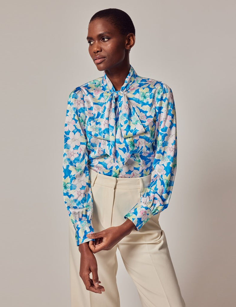 Blue & White Watercolour shirt - Single Cuff - Pussy Bow