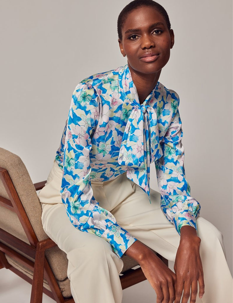 Blue & White Watercolour shirt - Single Cuff - Pussy Bow