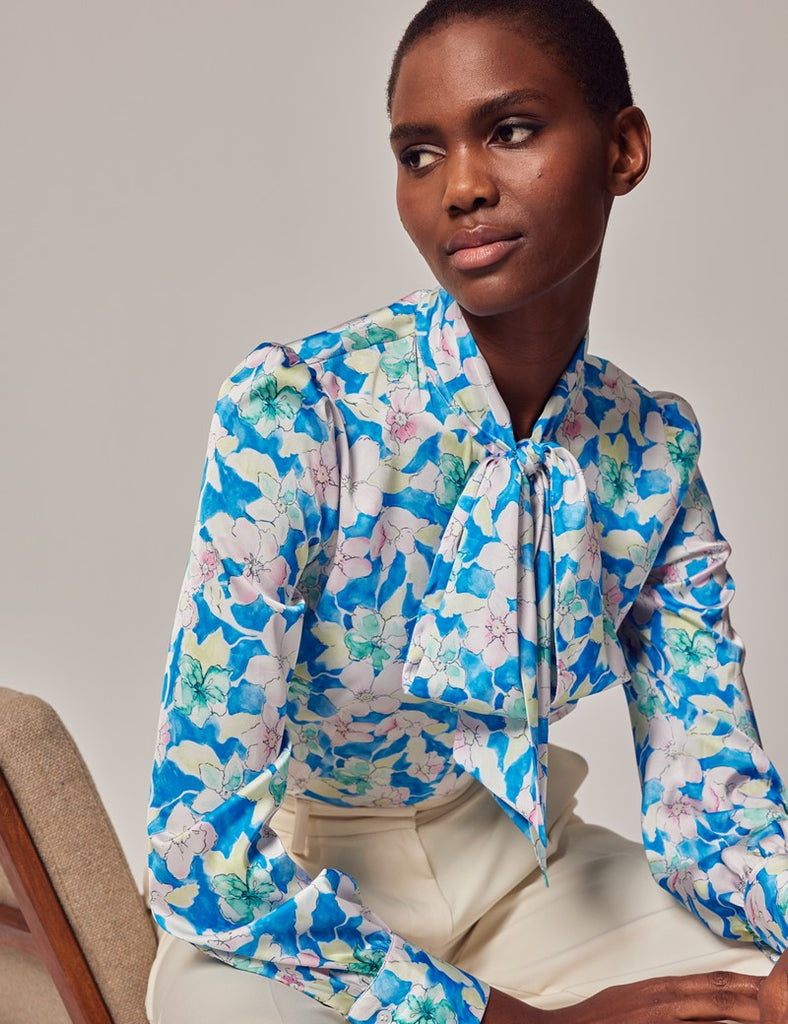 Blue & White Watercolour shirt - Single Cuff - Pussy Bow