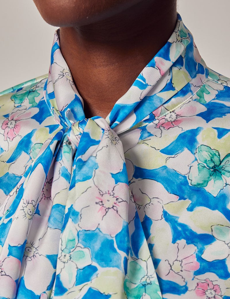 Blue & White Watercolour shirt - Single Cuff - Pussy Bow