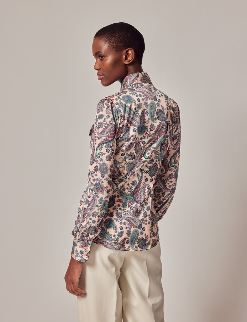 Beige & Green Folk Paisley shirt - Single Cuff - Pussy Bow