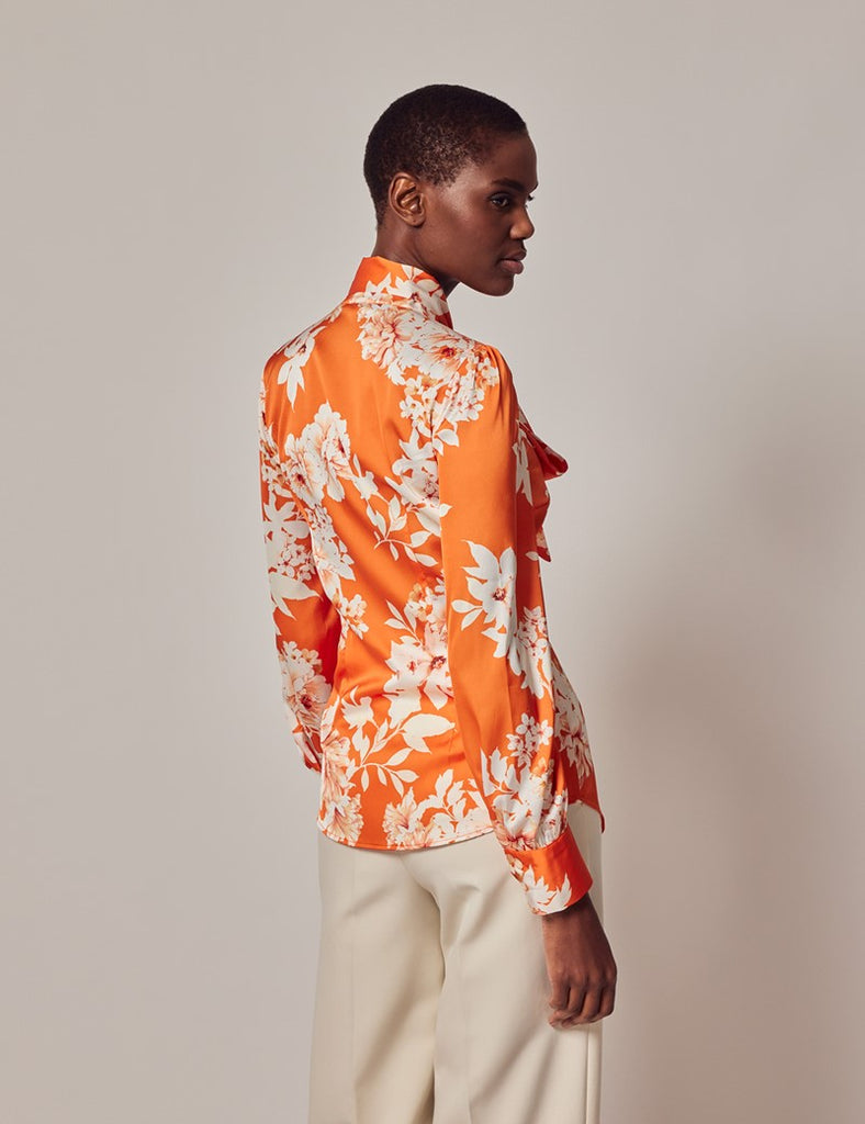Orange & Cream Print shirt - Single Cuff - Pussy Bow