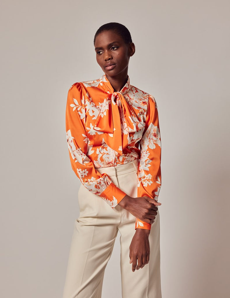 Orange & Cream Print shirt - Single Cuff - Pussy Bow