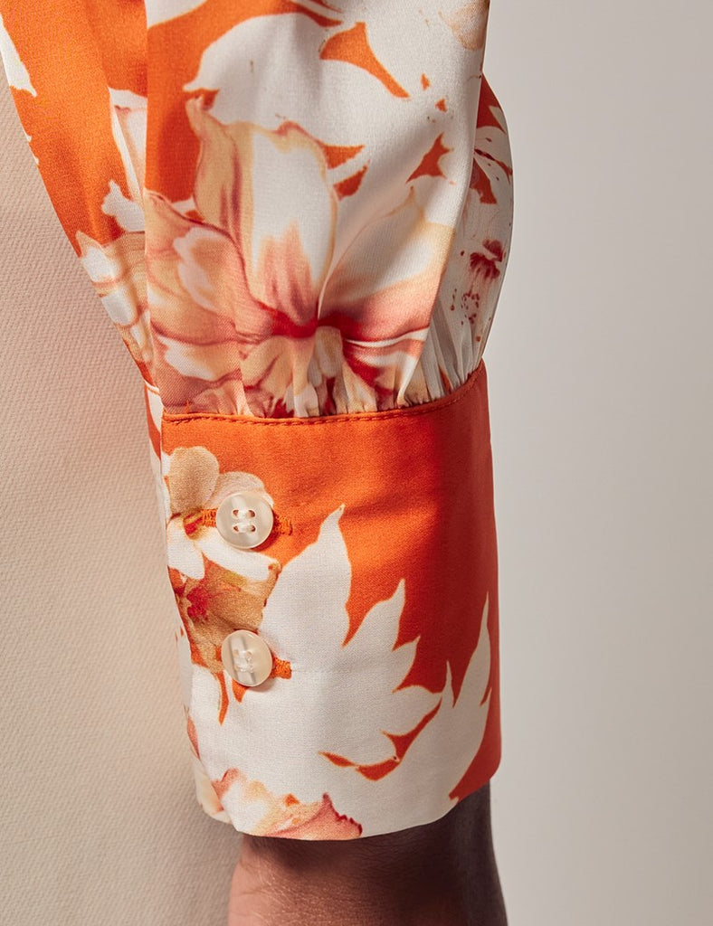 Orange & Cream Print shirt - Single Cuff - Pussy Bow