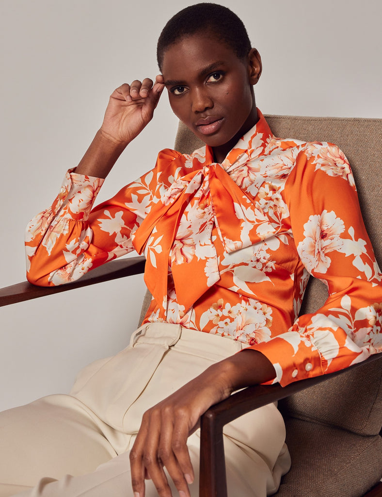 Orange & Cream Print shirt - Single Cuff - Pussy Bow
