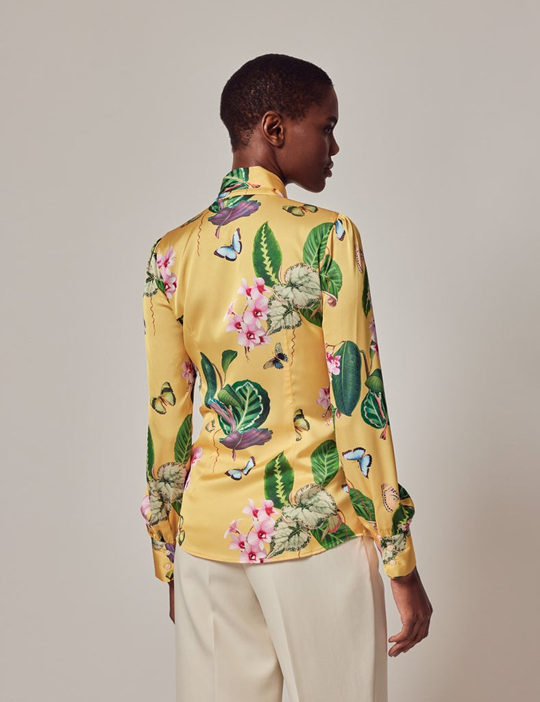 Yellow & Green Tropical shirt - Single Cuff - Pussy Bow