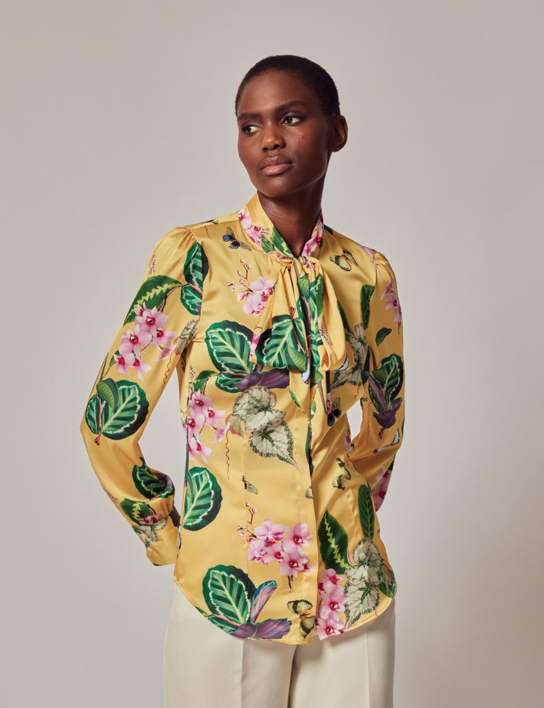 Yellow & Green Tropical shirt - Single Cuff - Pussy Bow
