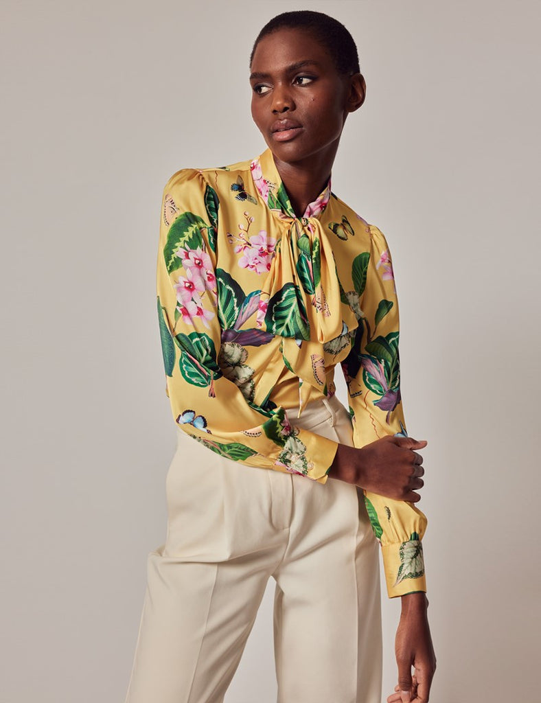 Yellow & Green Tropical shirt - Single Cuff - Pussy Bow