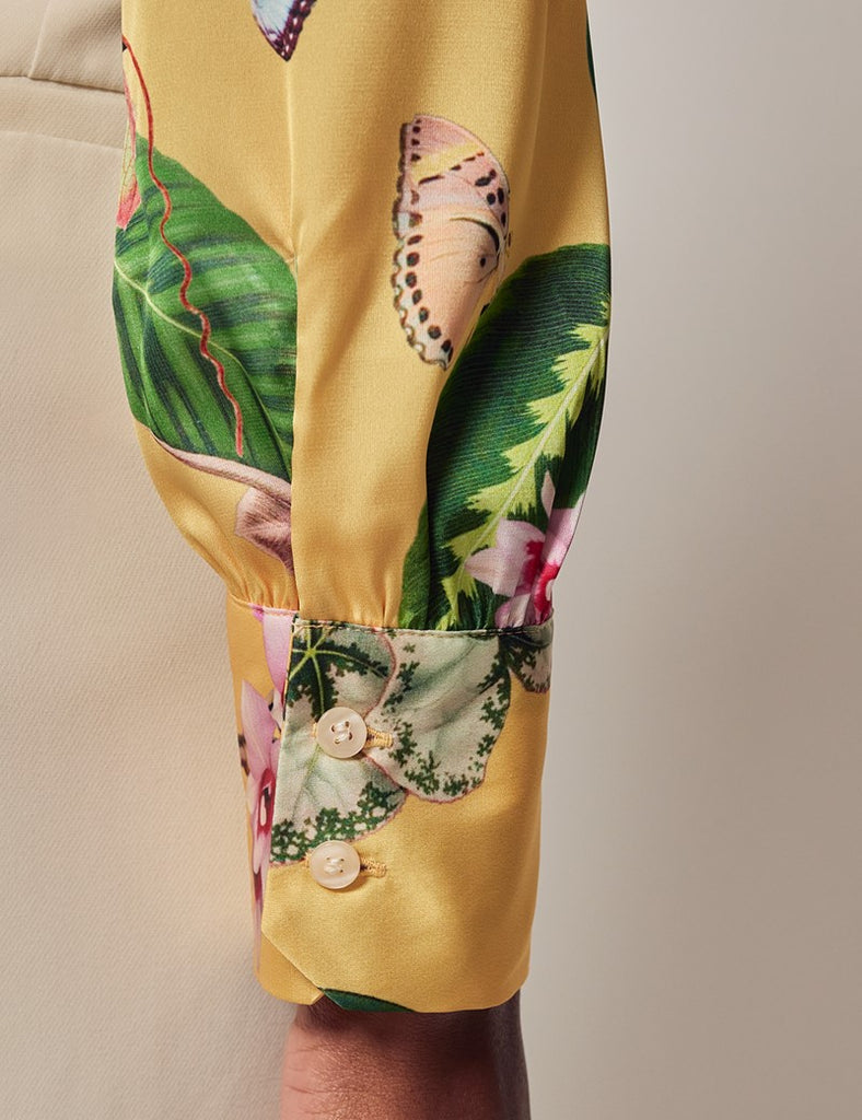 Yellow & Green Tropical shirt - Single Cuff - Pussy Bow