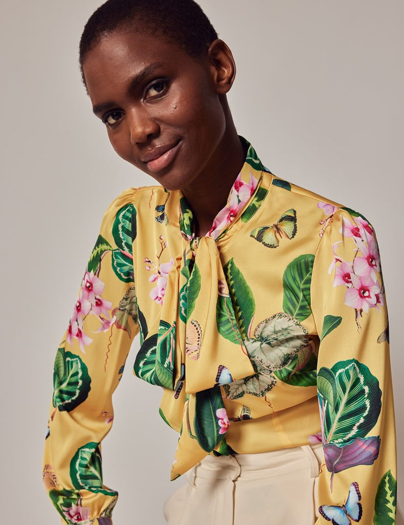 Yellow & Green Tropical shirt - Single Cuff - Pussy Bow