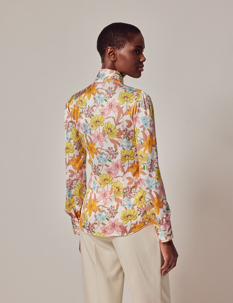 Cream & Yellow Floral shirt - Single Cuff - Pussy Bow