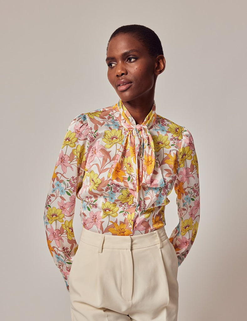 Cream & Yellow Floral shirt - Single Cuff - Pussy Bow