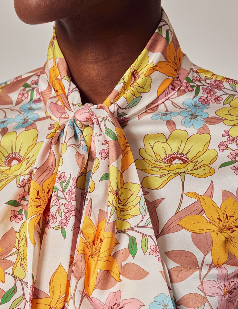 Cream & Yellow Floral shirt - Single Cuff - Pussy Bow