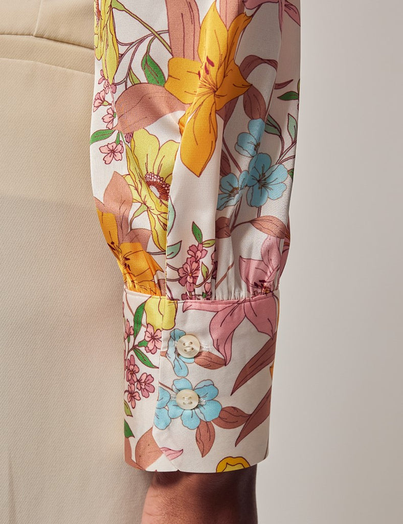 Cream & Yellow Floral shirt - Single Cuff - Pussy Bow