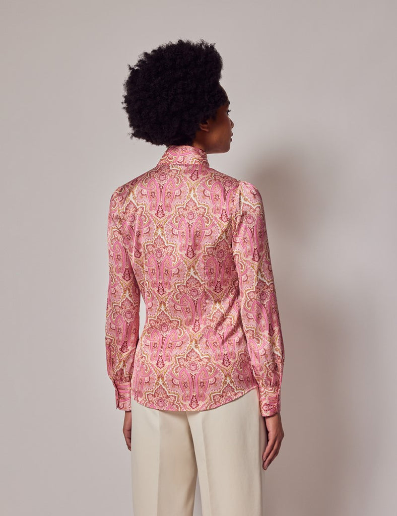 Pink & Green Paisley shirt - Single Cuff - Pussy Bow