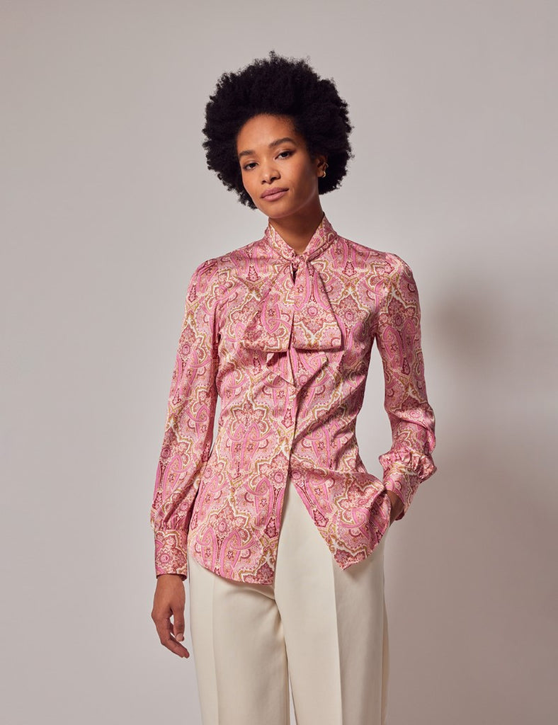 Pink & Green Paisley shirt - Single Cuff - Pussy Bow