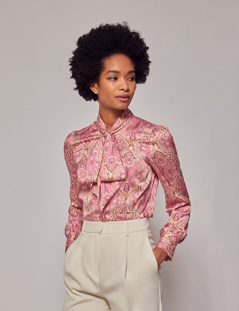 Pink & Green Paisley shirt - Single Cuff - Pussy Bow