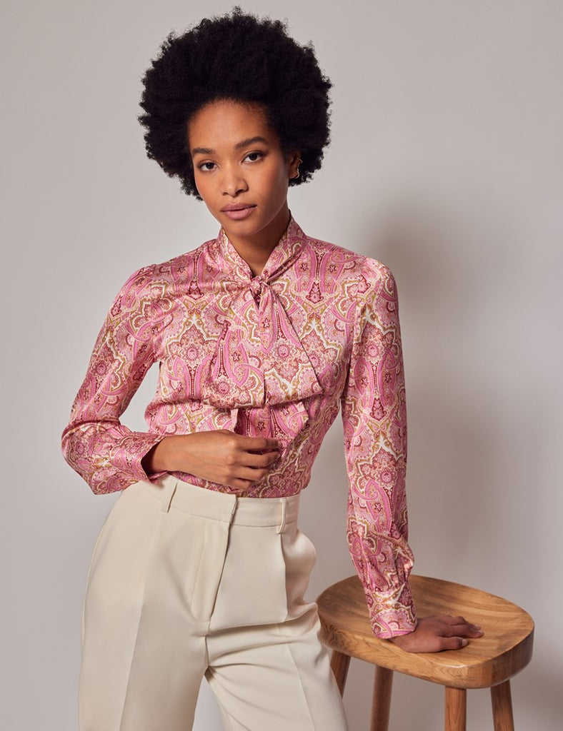 Pink & Green Paisley shirt - Single Cuff - Pussy Bow