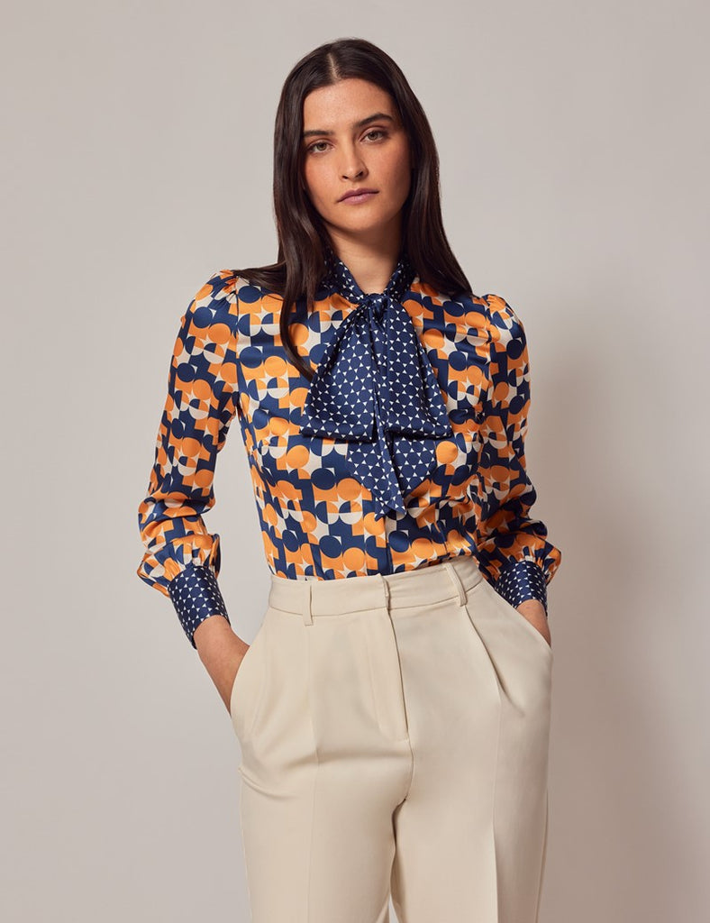 Navy & Orange Geometric Satin Shirt - Single Cuff - Pussy Bow