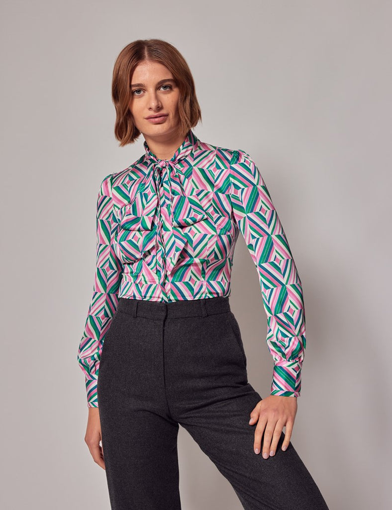 Green & Pink Diamond shirt - Single Cuff - Pussy Bow