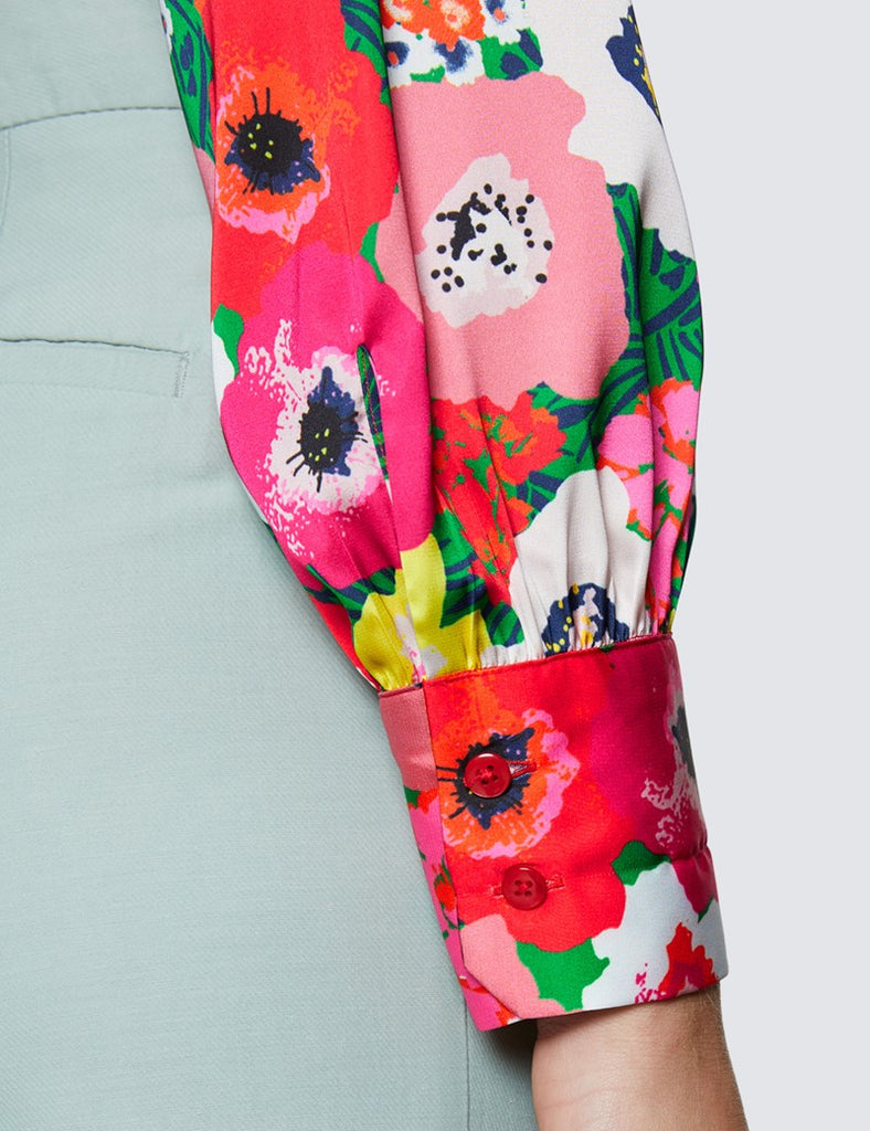 Red & Green Large Poppy Print Satin Blouse - Single Cuff - Pussy Bow