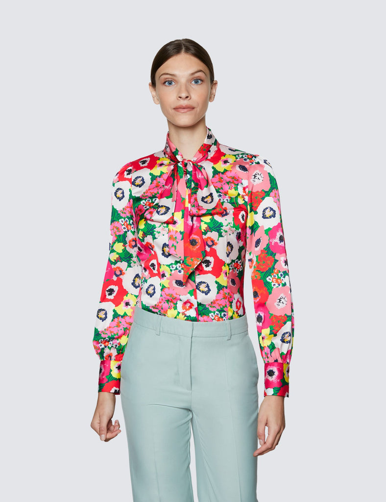 Red & Green Large Poppy Print Satin Blouse - Single Cuff - Pussy Bow