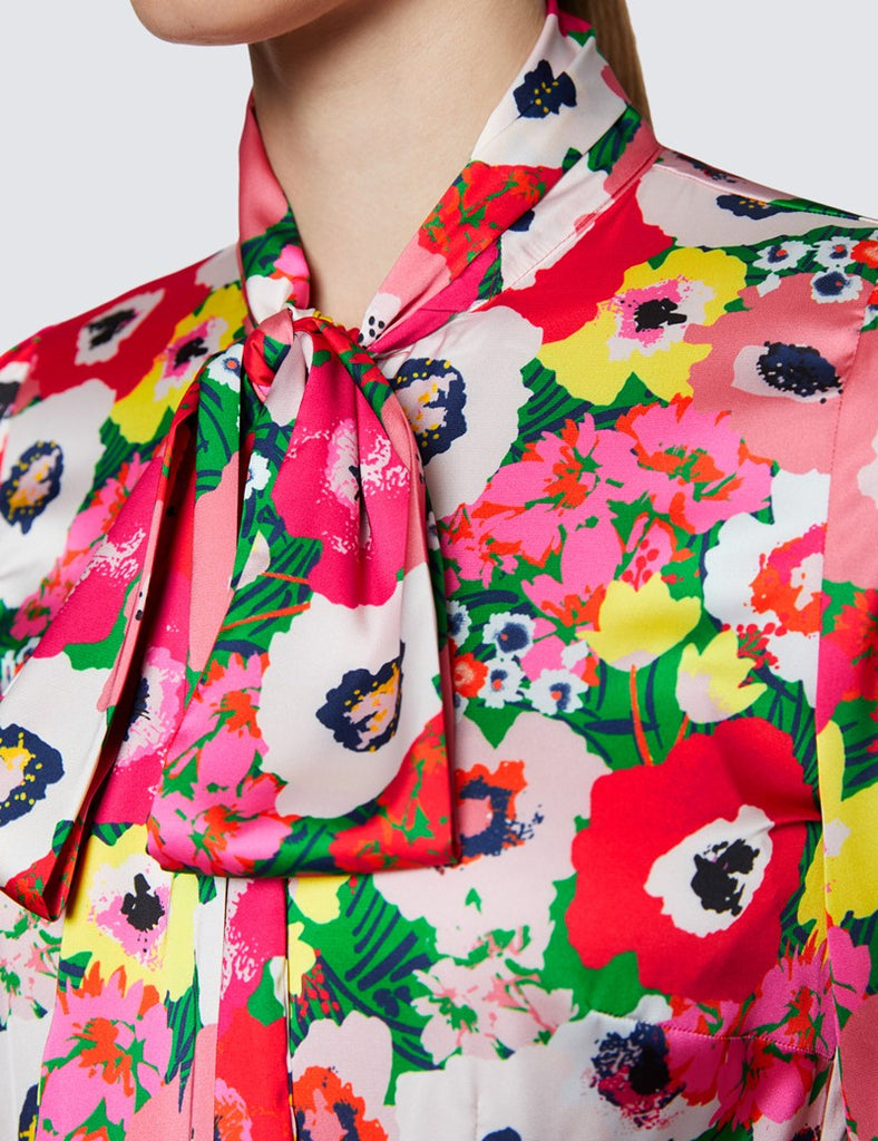 Red & Green Large Poppy Print Satin Blouse - Single Cuff - Pussy Bow