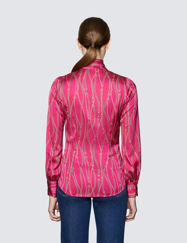 Fuchsia & Yellow Chains Print shirt - Single Cuff - Pussy Bow