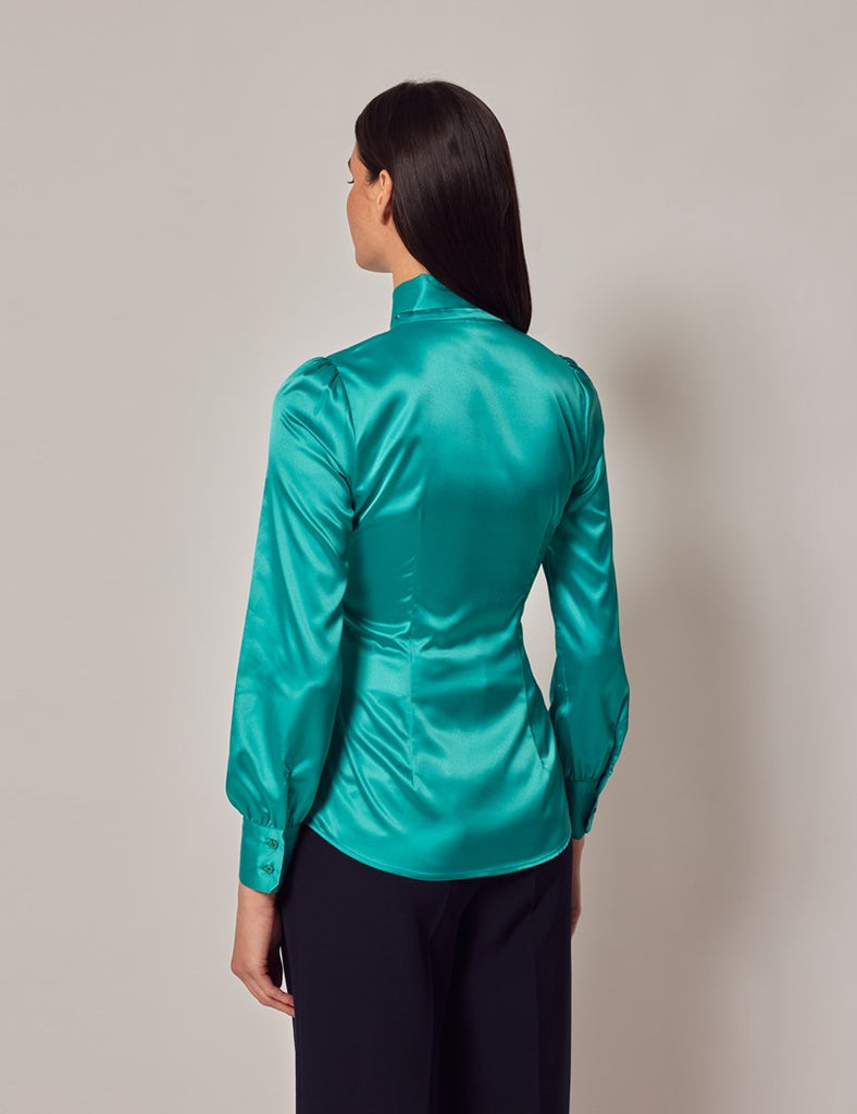 Teal Satin Shirt - Single Cuff - Pussy Bow