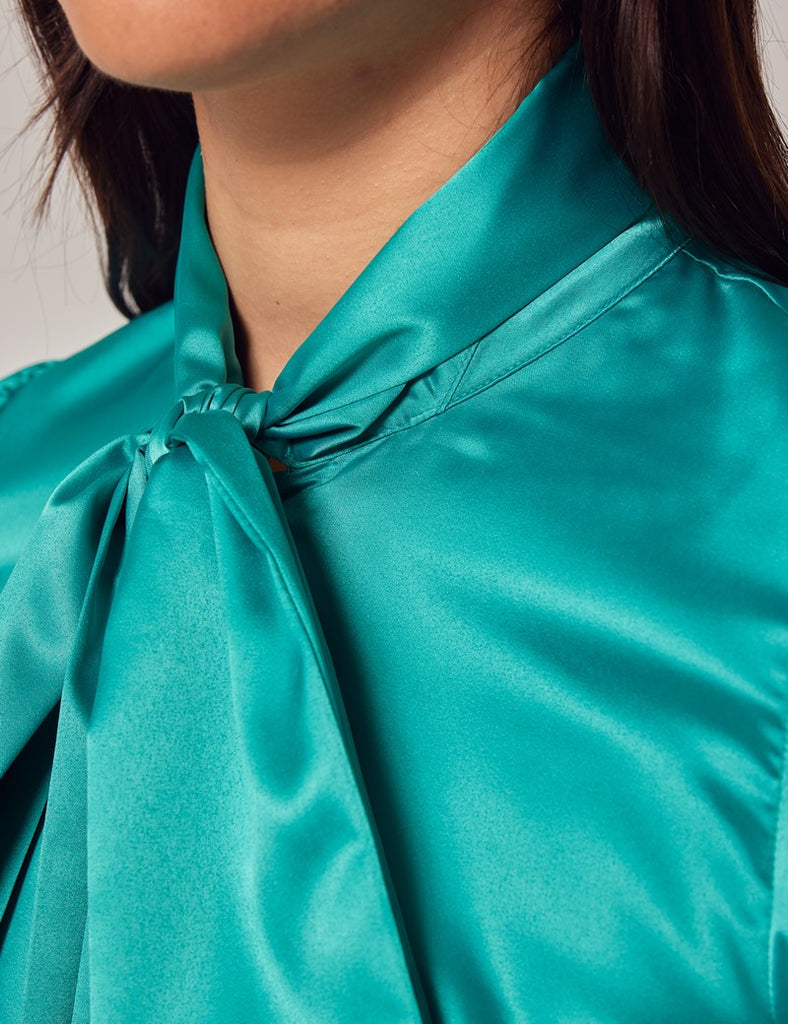 Teal Satin Shirt - Single Cuff - Pussy Bow