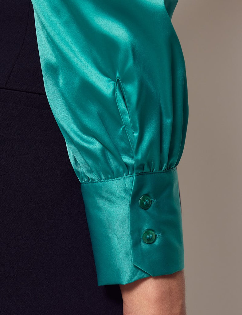 Teal Satin Shirt - Single Cuff - Pussy Bow
