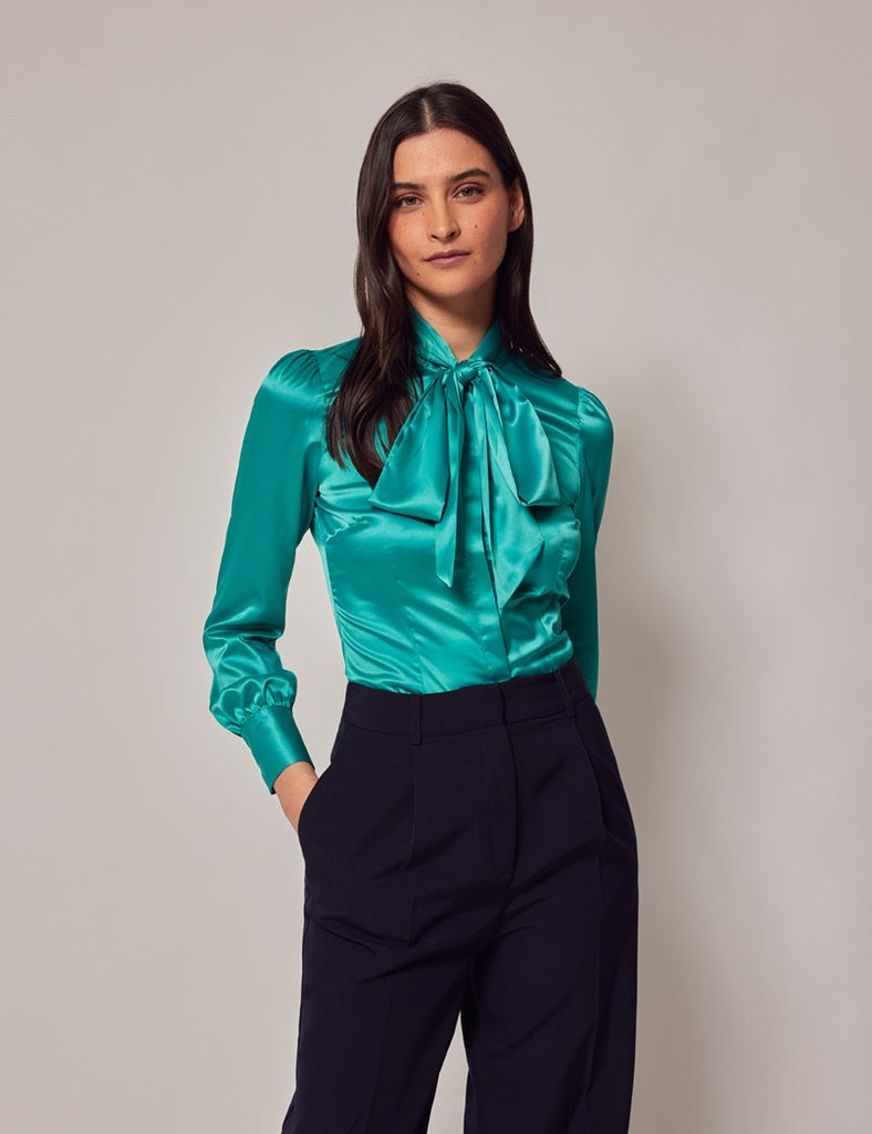 Teal Satin Shirt - Single Cuff - Pussy Bow