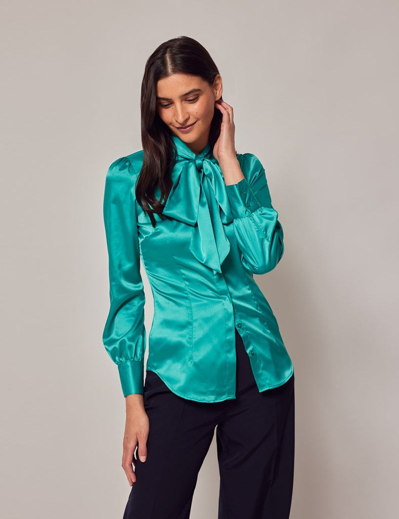 Teal Satin Shirt - Single Cuff - Pussy Bow