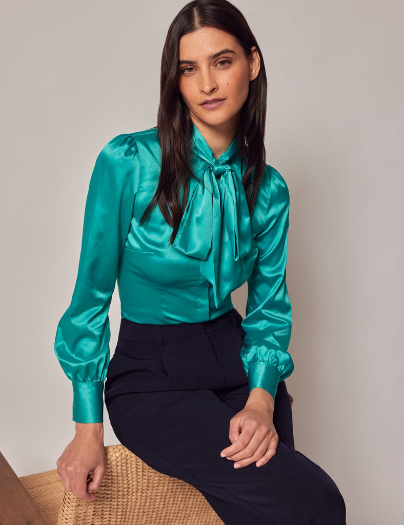 Teal Satin Shirt - Single Cuff - Pussy Bow