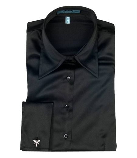 Luxury Black Satin Shirt, Double Cuff, size 12
