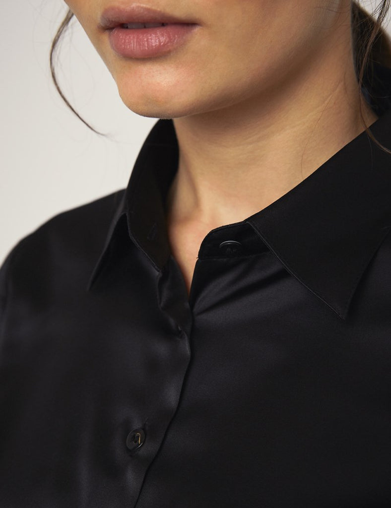 PLAIN BLACK FITTED SATIN SHIRT - DOUBLE CUFF